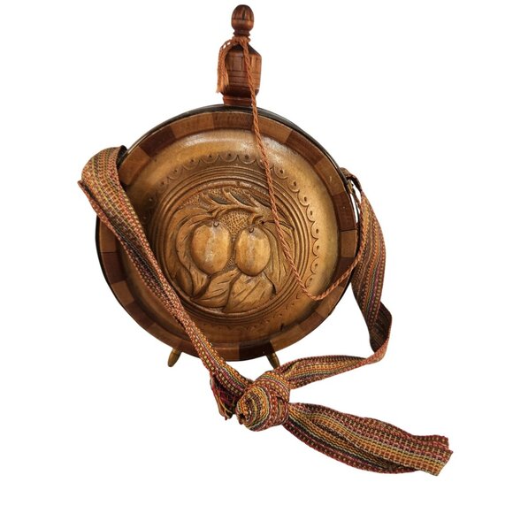 Handcrafted Wooden Water Canteen Decanter Flask Brass Feet Folk Art Barware Deco - Picture 12 of 12